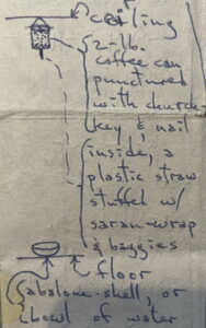 Diagram showing a coffee can with holes in it suspended from the ceiling, with a plastic straw (stuffed with plastic wrap) coming out of the bottom, and an abalone shell or bowl of water on the floor beneath.